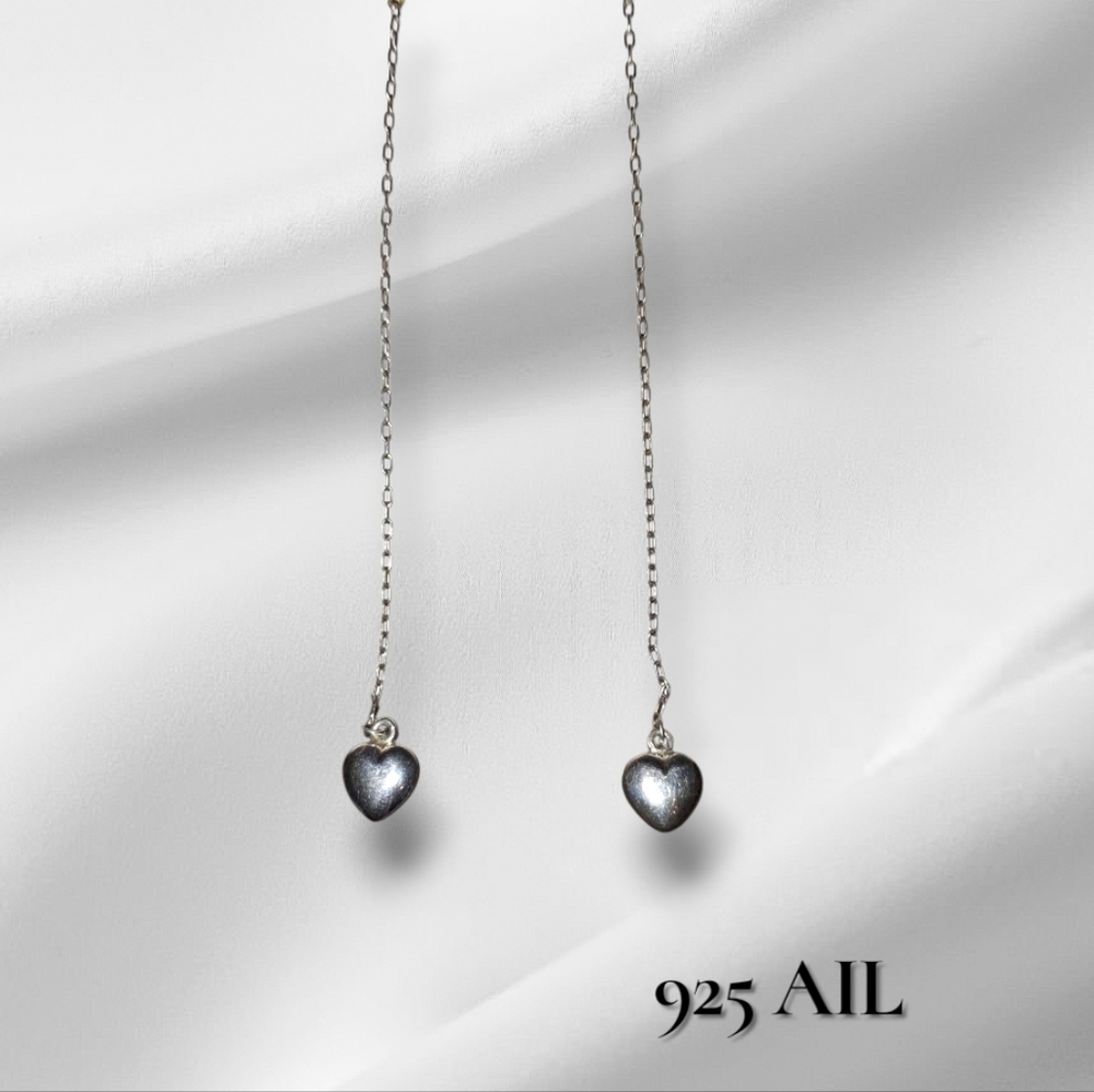 Sterling Silver Signed 925 Heart Drop Chain Threader Earrings